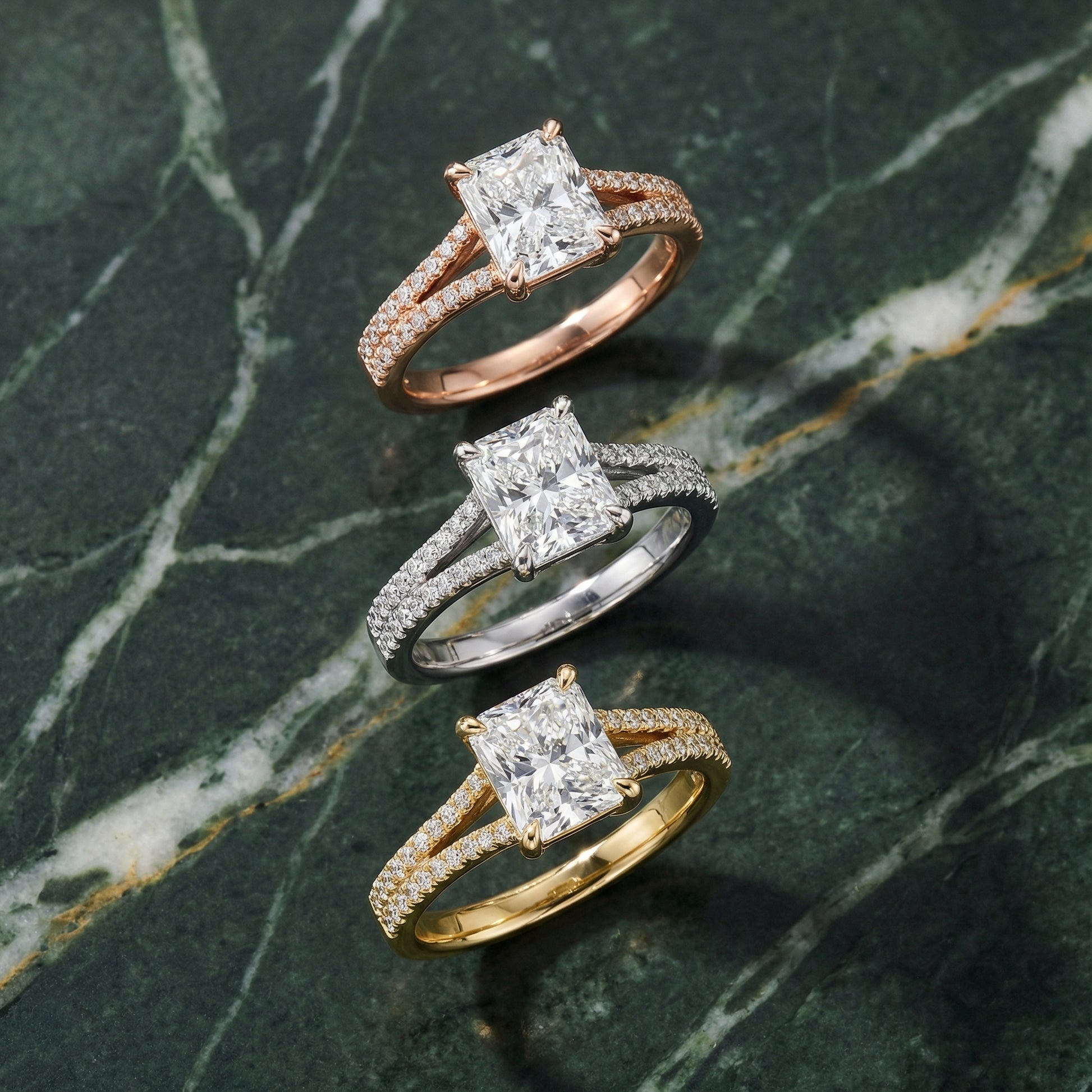 Radiant Cut Lab Grown Diamond Engagement Ring with Pavé Split Shank in Yellow Gold