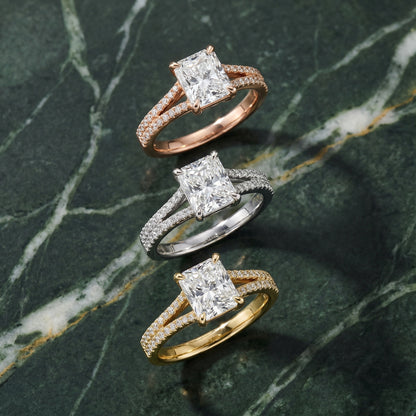Radiant Cut Lab Grown Diamond Engagement Ring with Pavé Split Shank in Yellow Gold
