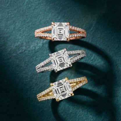 Asscher Cut Lab Grown Diamond Solitaire Engagement Ring with Pavé Split Shank in White Gold