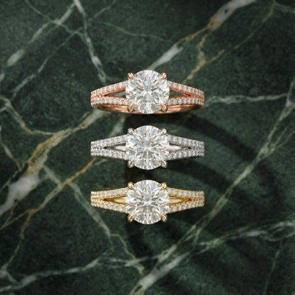 Round Cut Lab Grown Diamond Solitaire Engagement Ring with Pavé Split Shank in Yellow Gold