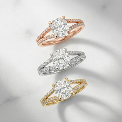 Cushion Cut Lab Grown Diamond Engagement Ring with Split Shank in Yellow Gold