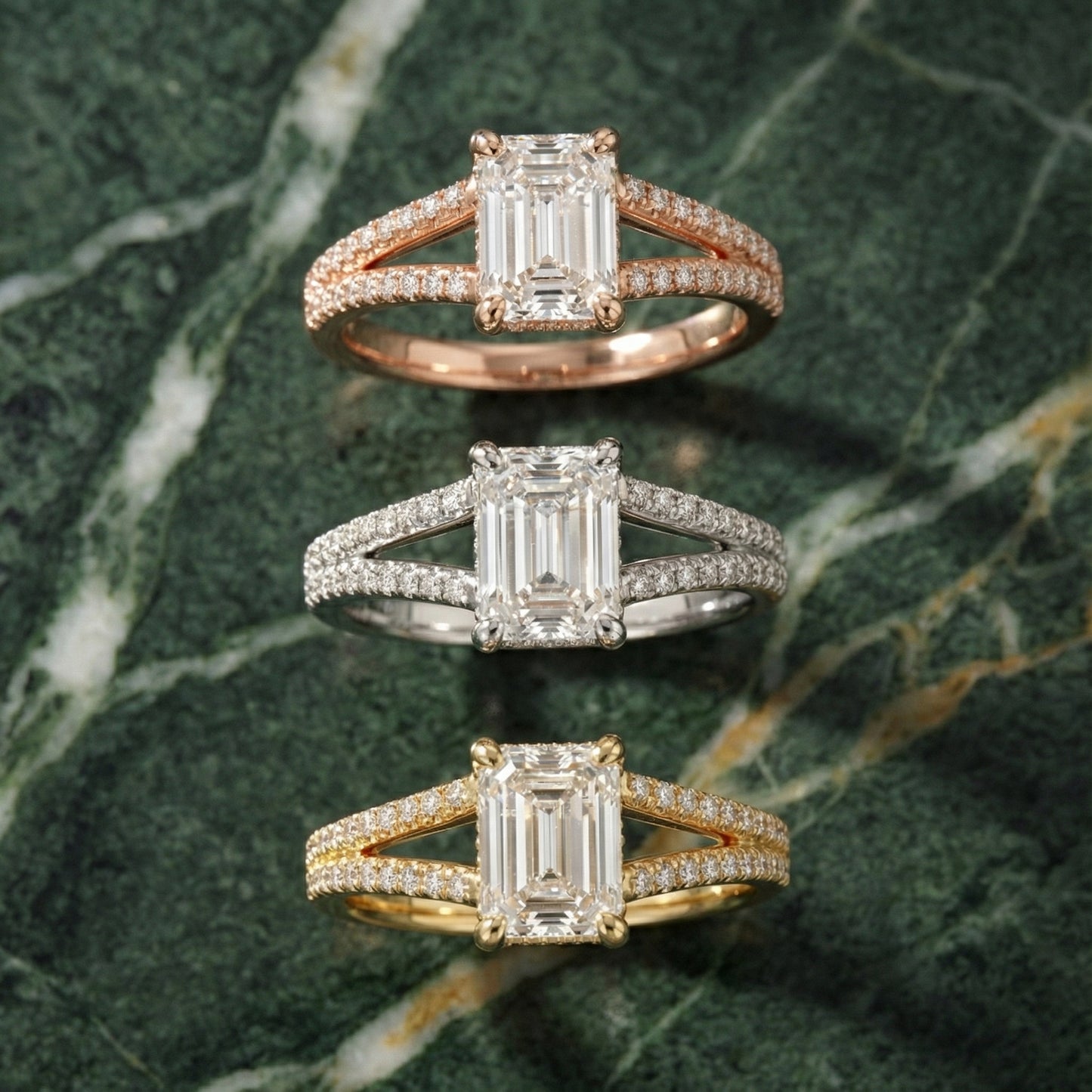 Emerald Cut Lab Grown Diamond Split Shank Engagement Ring in Yellow Gold