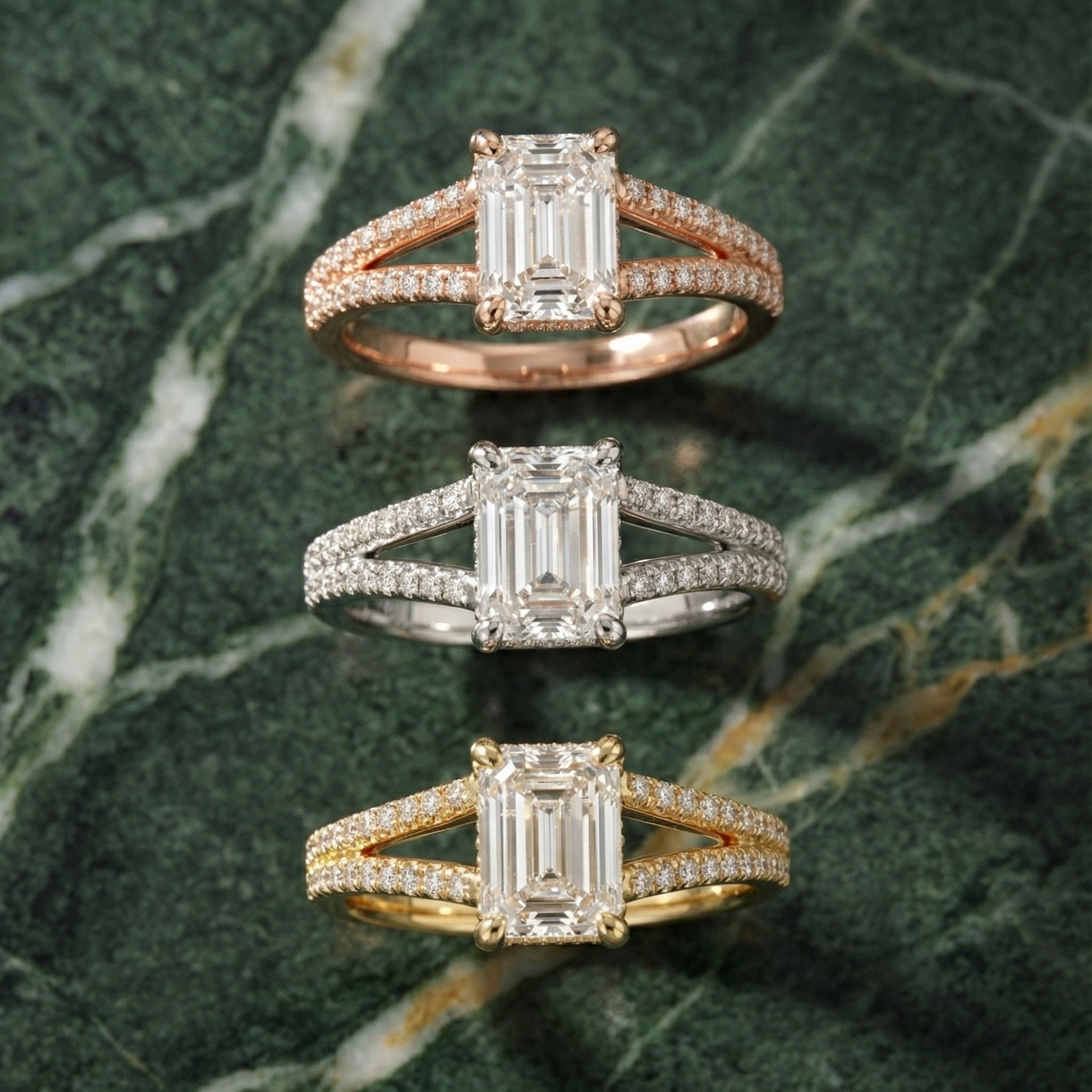 Emerald Cut Lab Grown Diamond Split Shank Engagement Ring in Yellow Gold