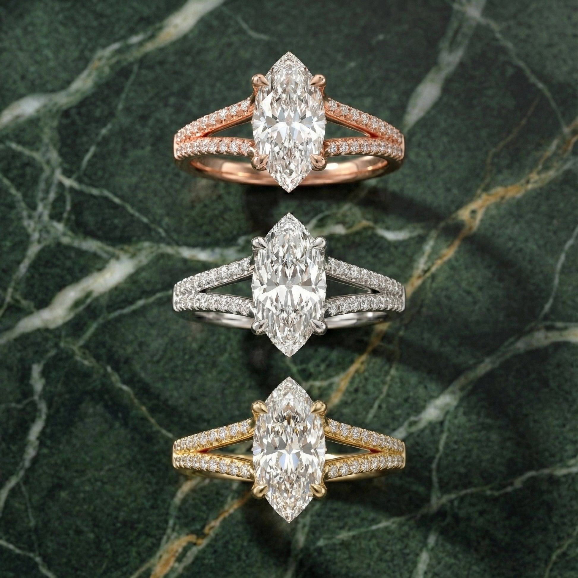 Marquise Cut Lab Grown Diamond Solitaire Engagement Ring with Pave Split Shank in Silver