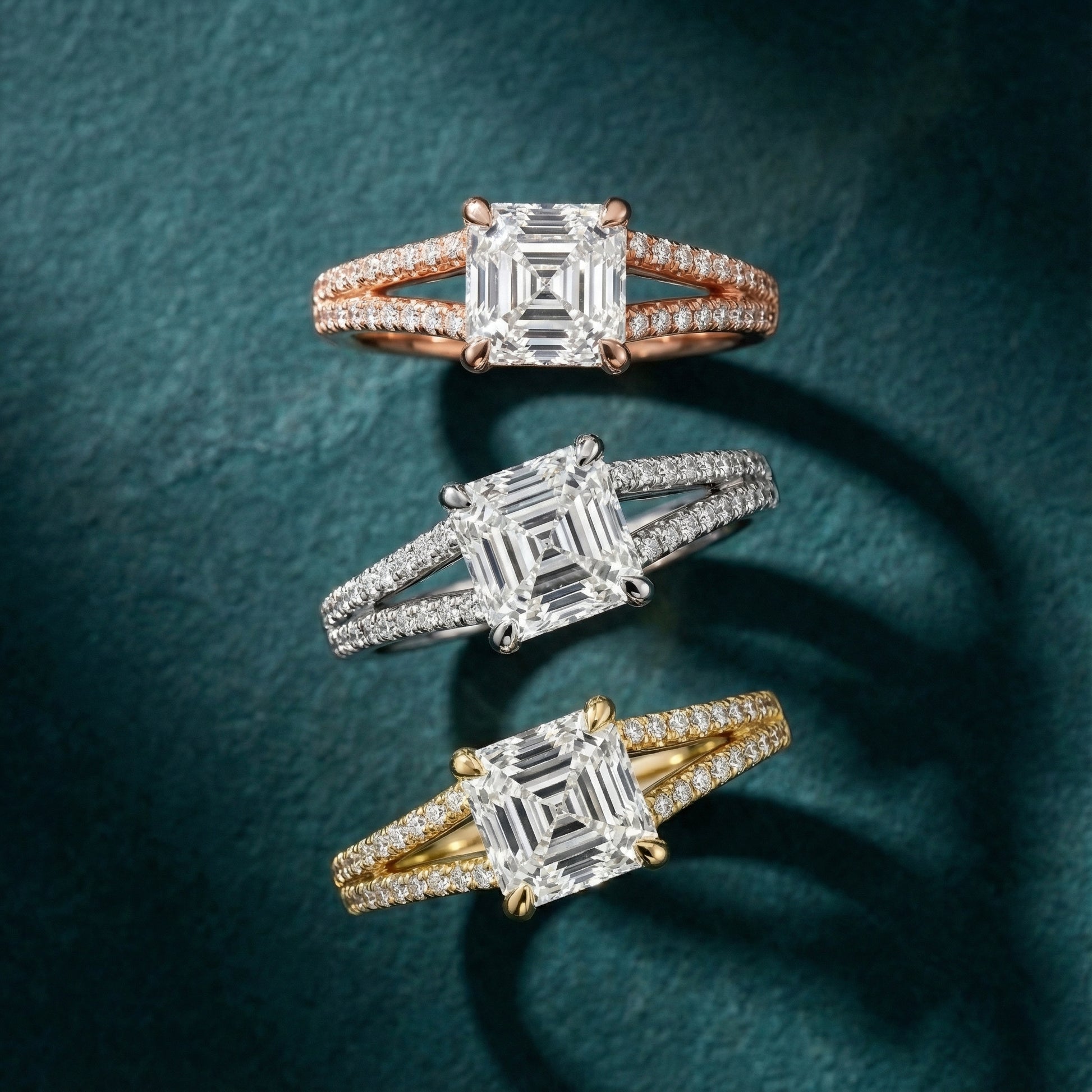 Asscher Cut Lab Grown Diamond Solitaire Engagement Ring with Pavé Split Shank in Yellow Gold