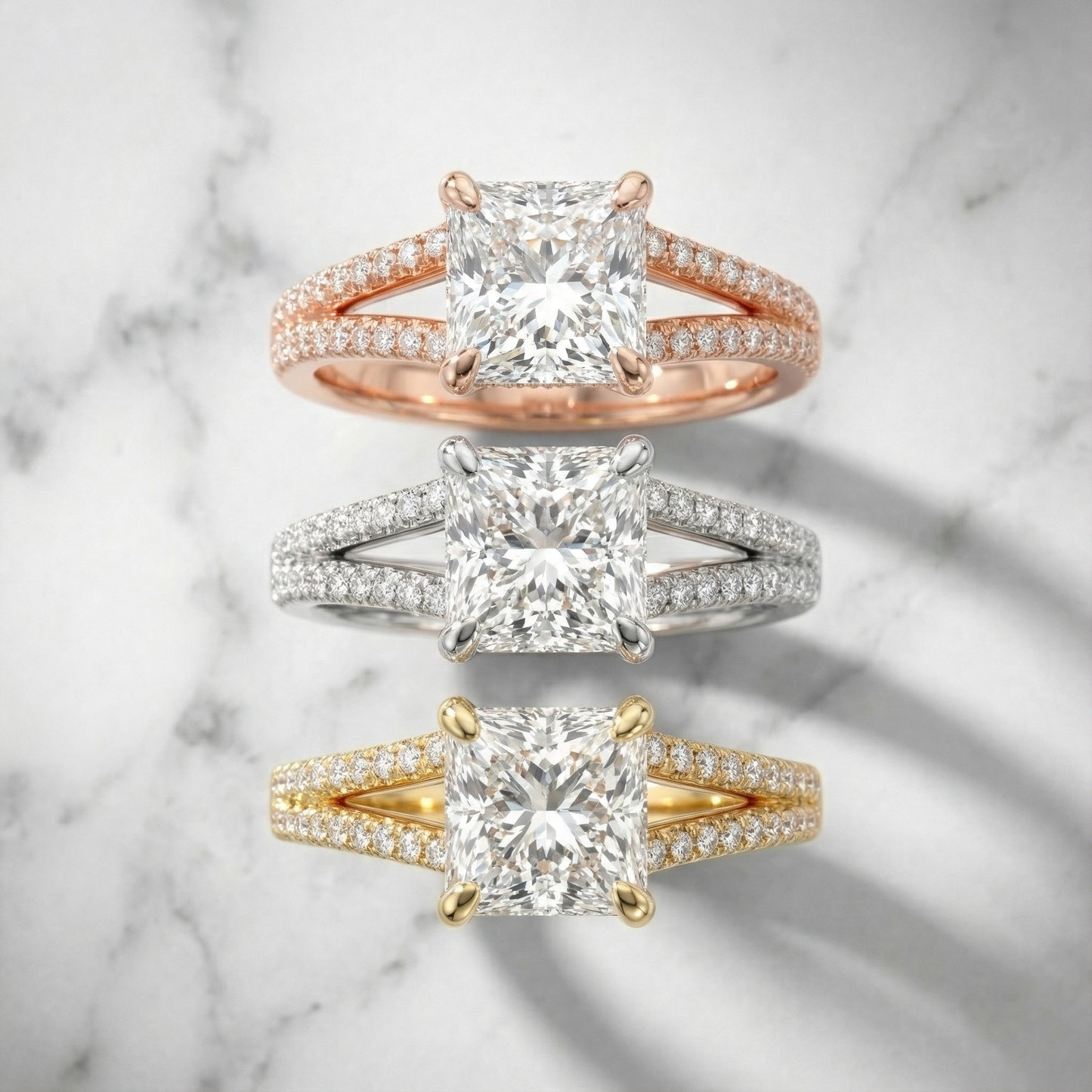 Princess Cut Lab Grown Diamond Split Shank Engagement Ring in Yellow Gold