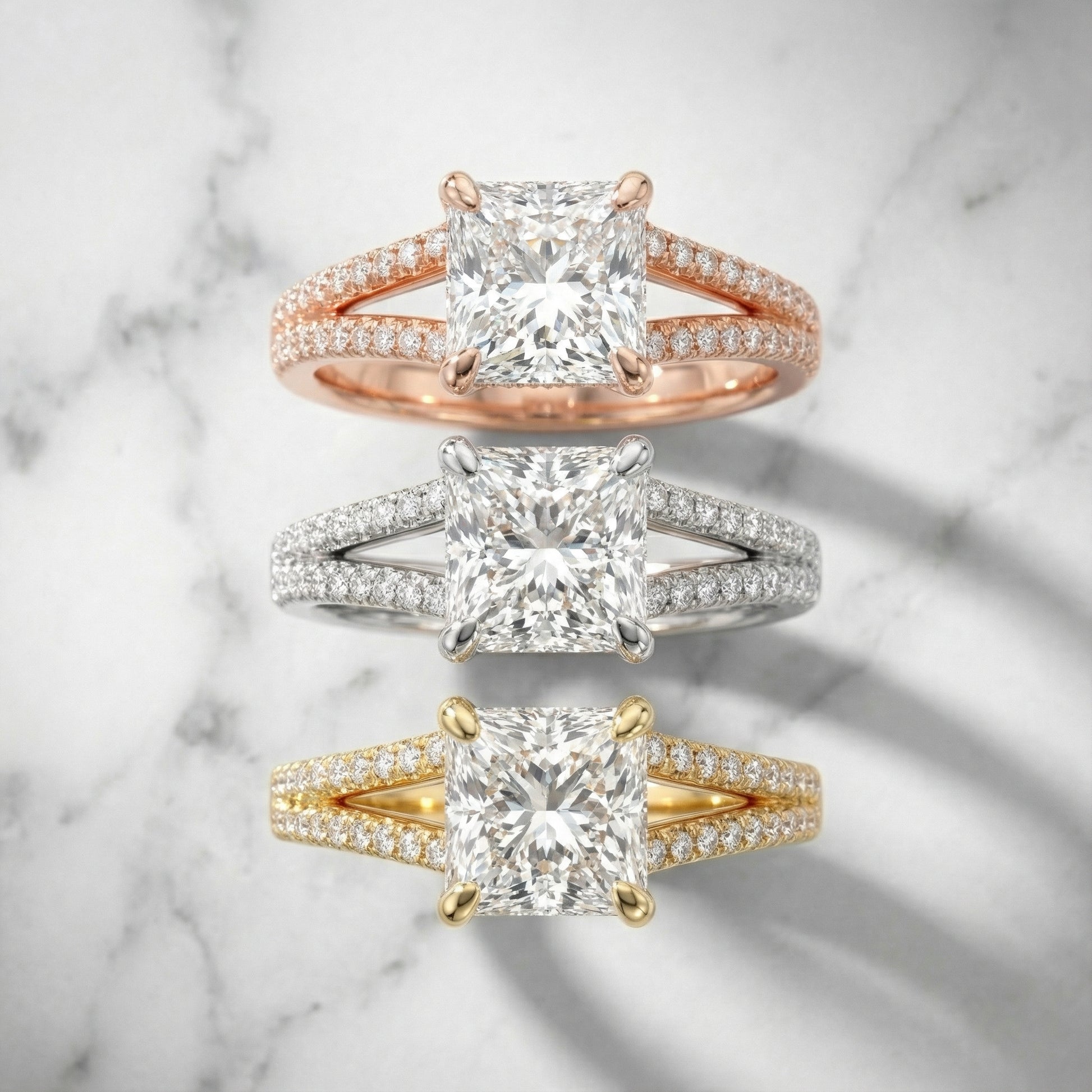 Princess Cut Lab Grown Diamond Split Shank Engagement Ring in Yellow Gold