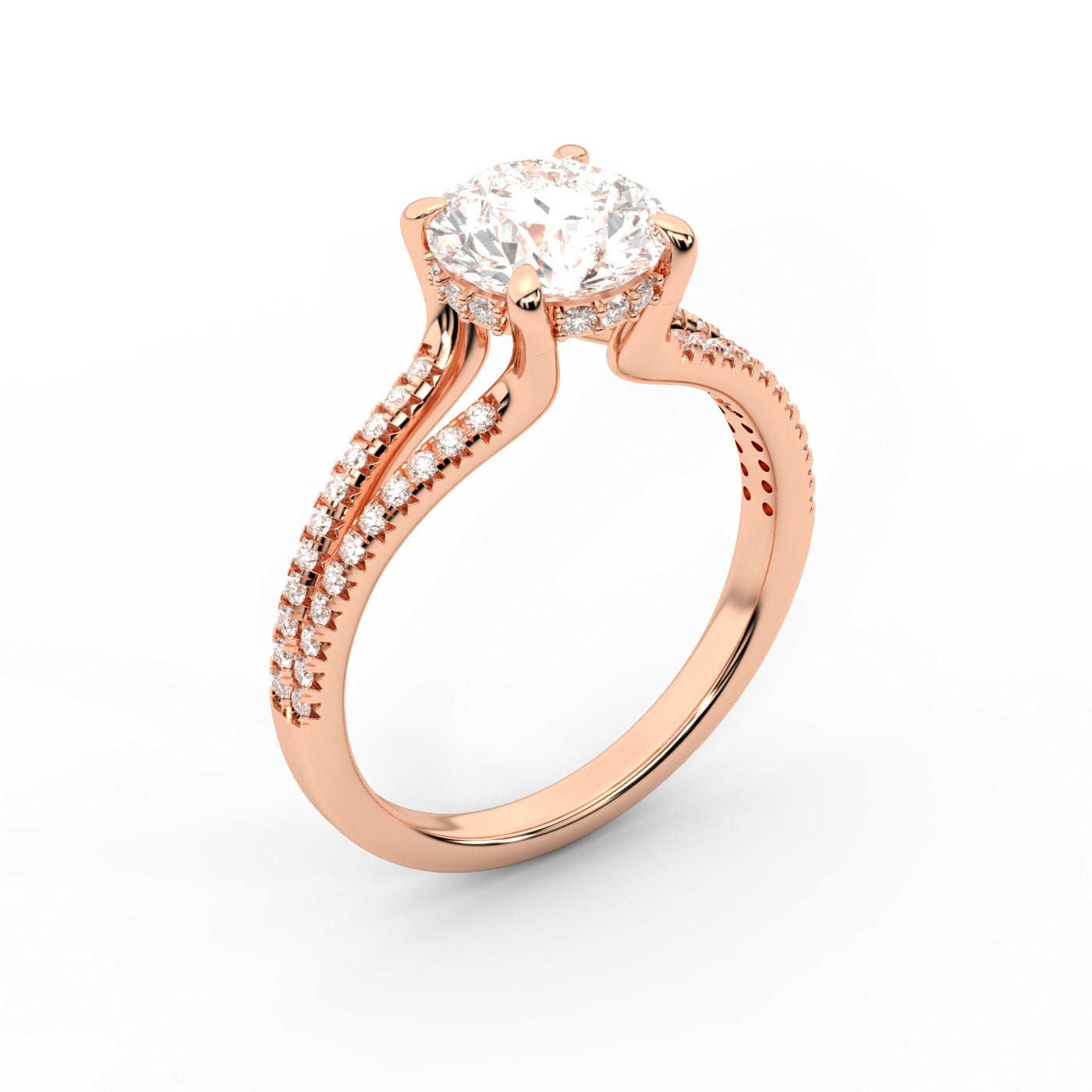 Round Cut Lab Grown Diamond Solitaire Engagement Ring with Pavé Split Shank in Rose Gold
