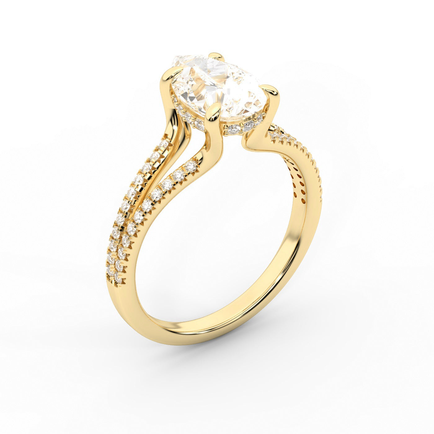 Pear Cut Lab Grown Diamond Split Shank Solitaire Engagement Ring in Yellow Gold