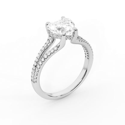 Heart Cut Lab Grown Diamond Solitaire Engagement Ring in brilliant White Gold with pavé split shank.