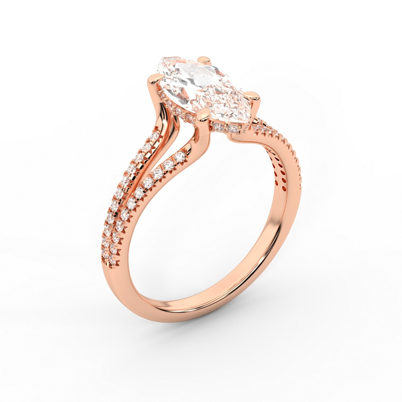 Marquise Cut Lab Grown Diamond Solitaire Engagement Ring with Pave Split Shank in Rose Gold