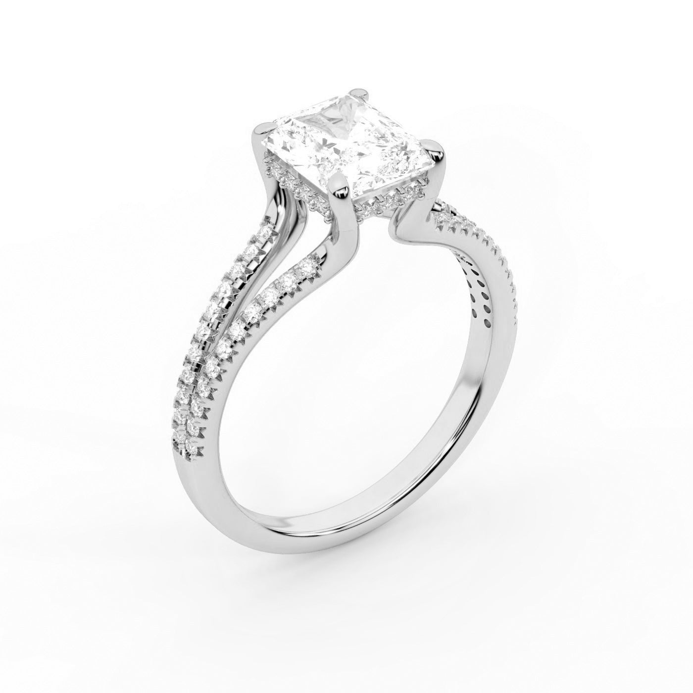 Radiant Cut Lab Grown Diamond Engagement Ring with Pavé Split Shank in White Gold