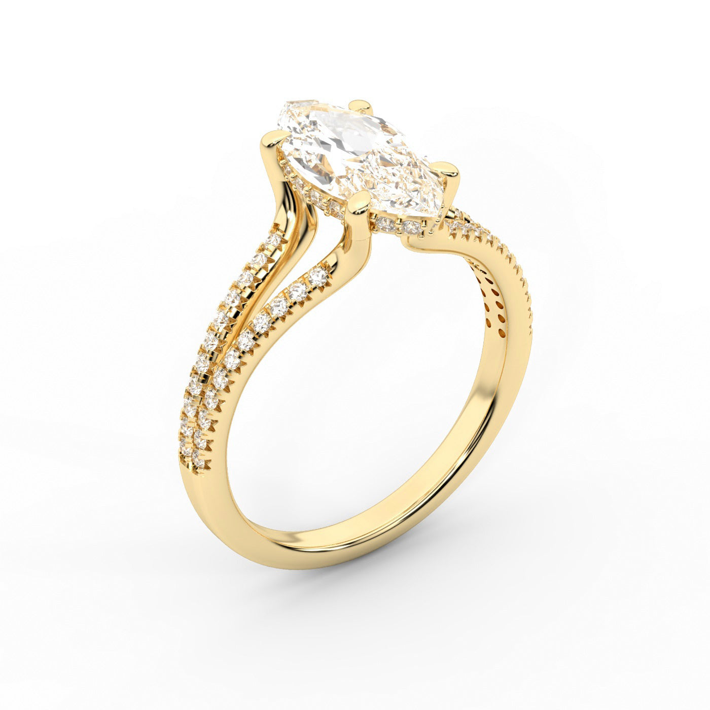 Marquise Cut Lab Grown Diamond Solitaire Engagement Ring with Pave Split Shank in Yellow Gold