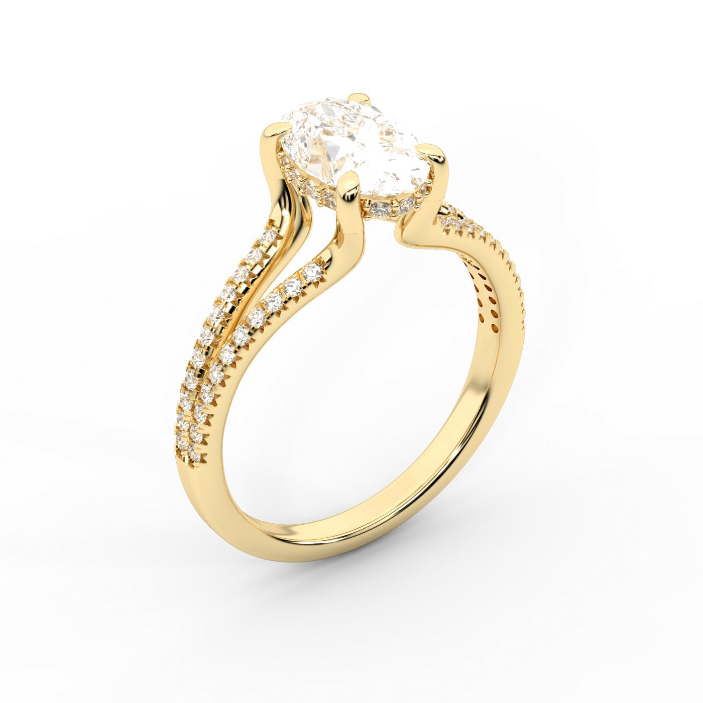 Oval Cut Lab Grown Diamond Solitaire Engagement Ring in Yellow Gold with Pavé Split Shank