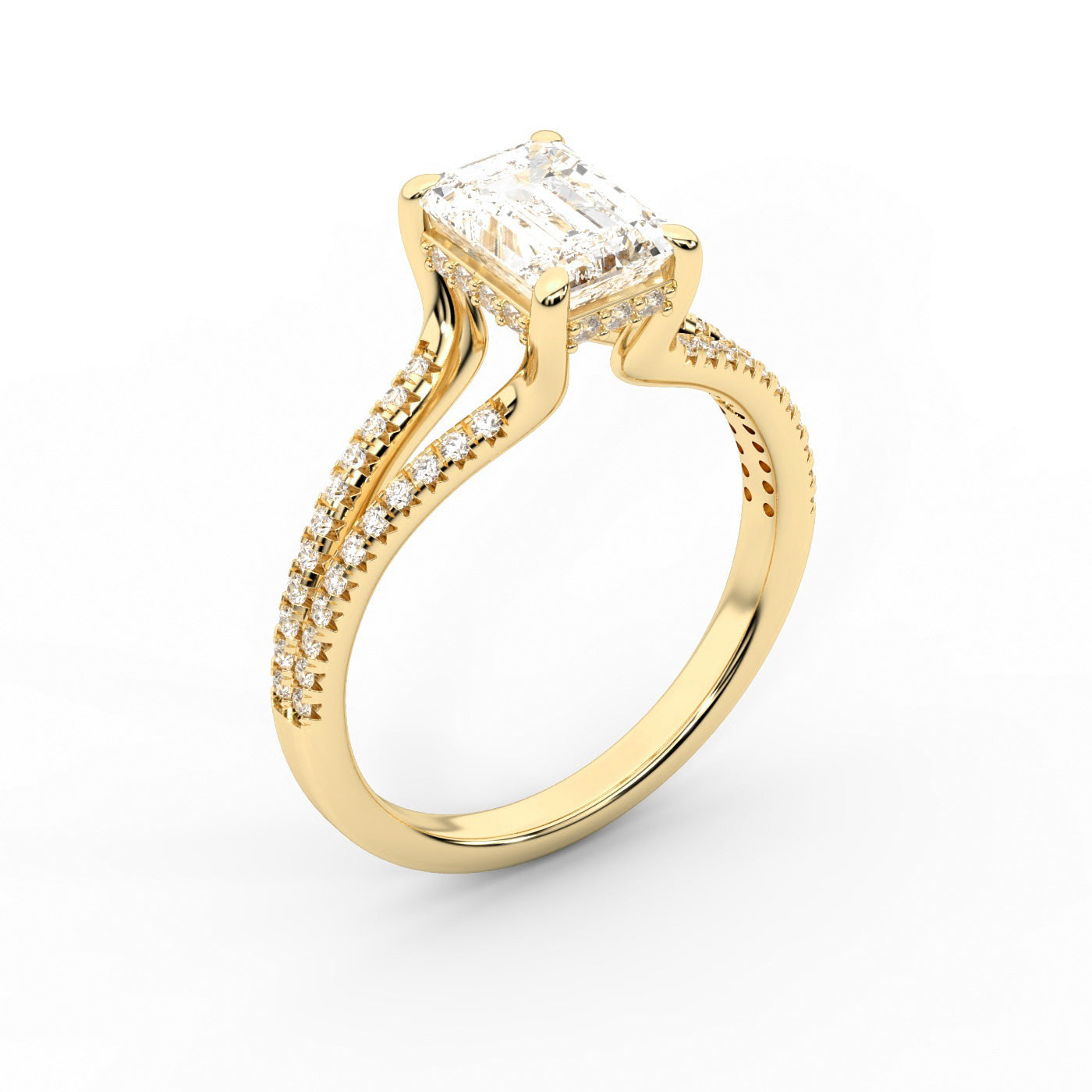 Emerald Cut Lab Grown Diamond Split Shank Engagement Ring in Yellow Gold