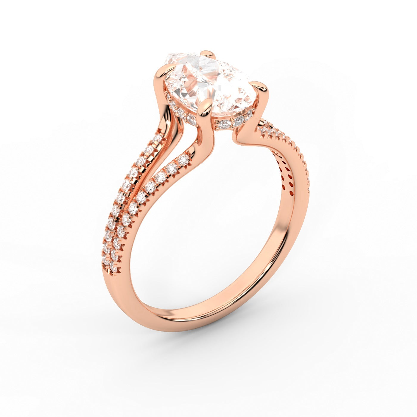 Pear Cut Lab Grown Diamond Split Shank Solitaire Engagement Ring in Rose Gold