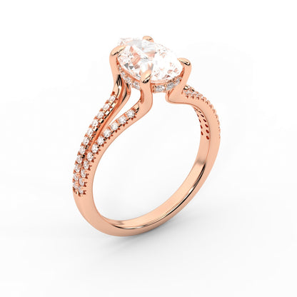 Pear Cut Lab Grown Diamond Split Shank Solitaire Engagement Ring in Rose Gold