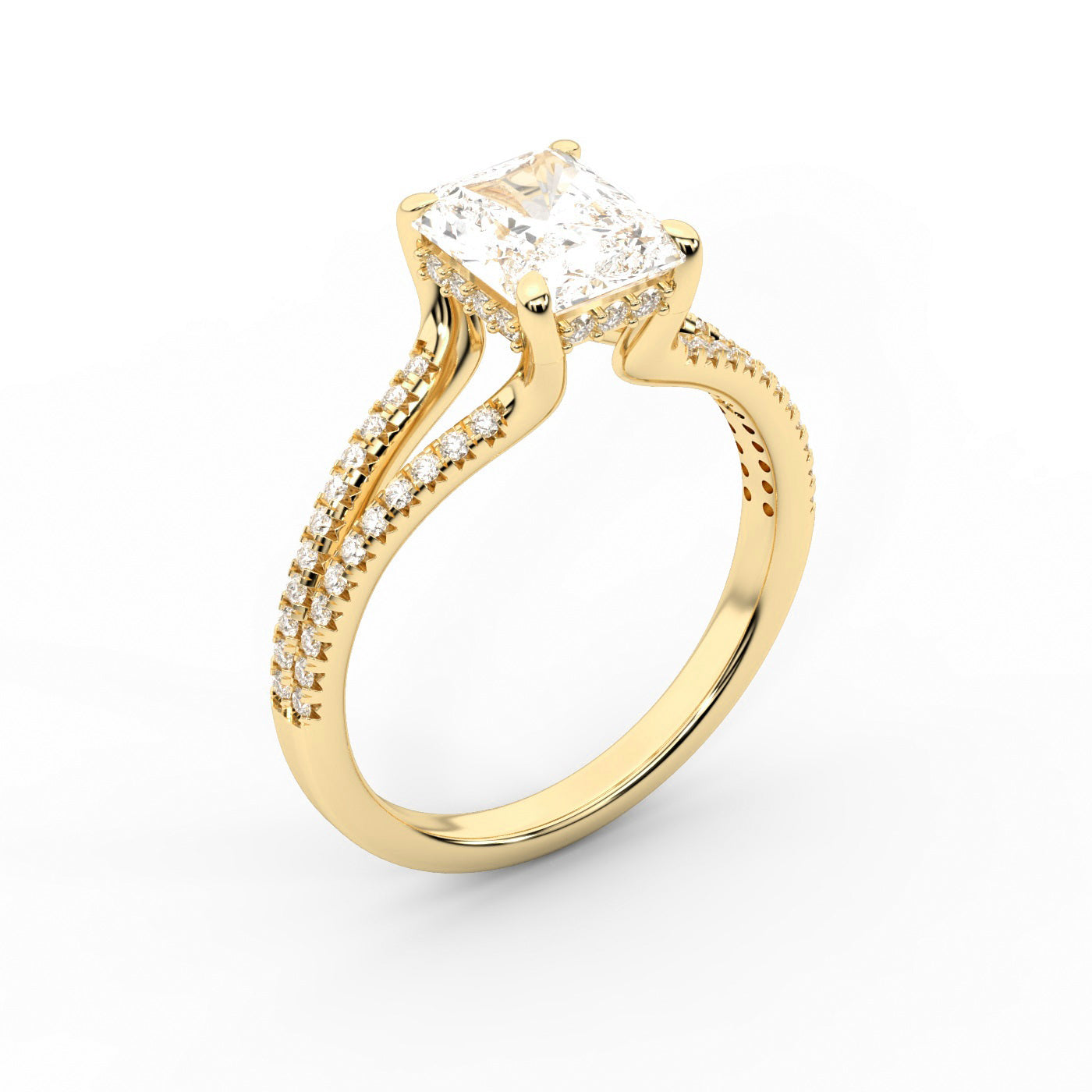 Radiant Cut Lab Grown Diamond Engagement Ring with Pavé Split Shank in Yellow Gold