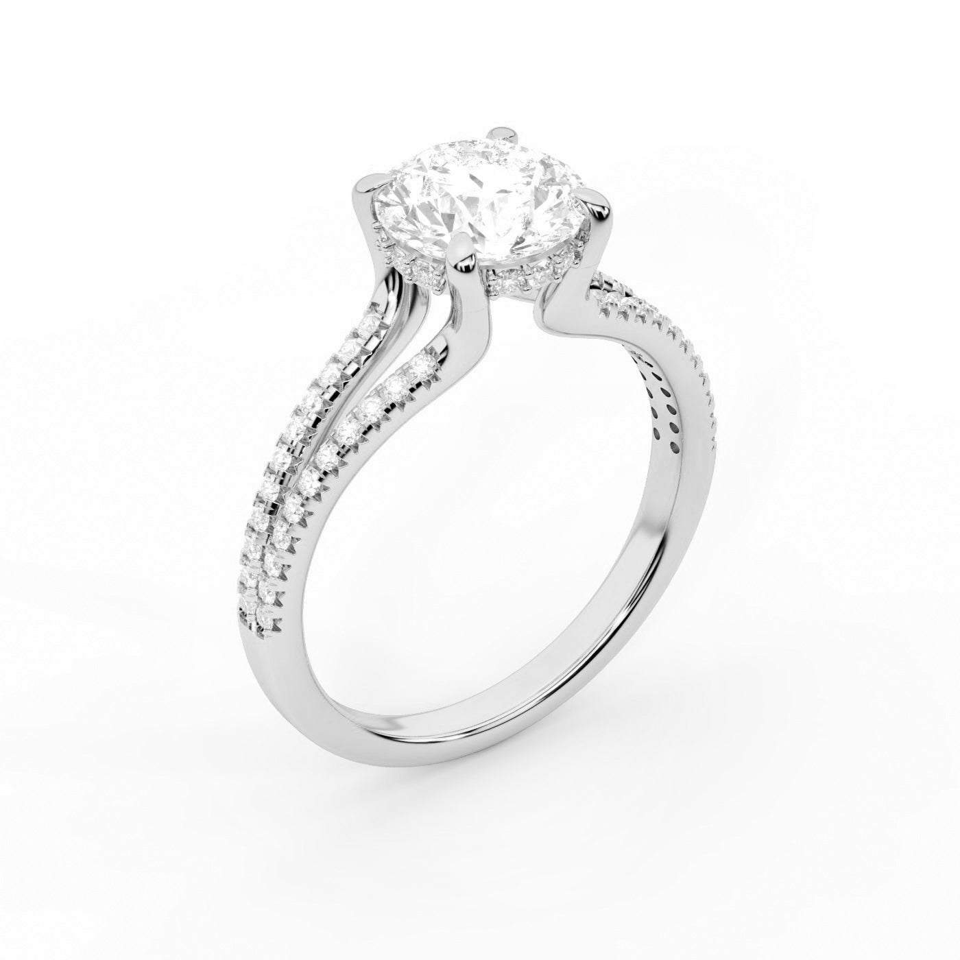 Round Cut Lab Grown Diamond Solitaire Engagement Ring with Pavé Split Shank in Silver