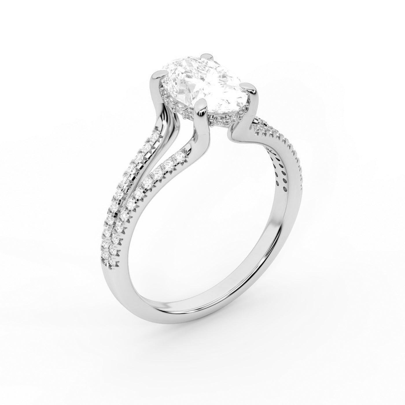 Oval Cut Lab Grown Diamond Solitaire Engagement Ring in Silver with Pavé Split Shank