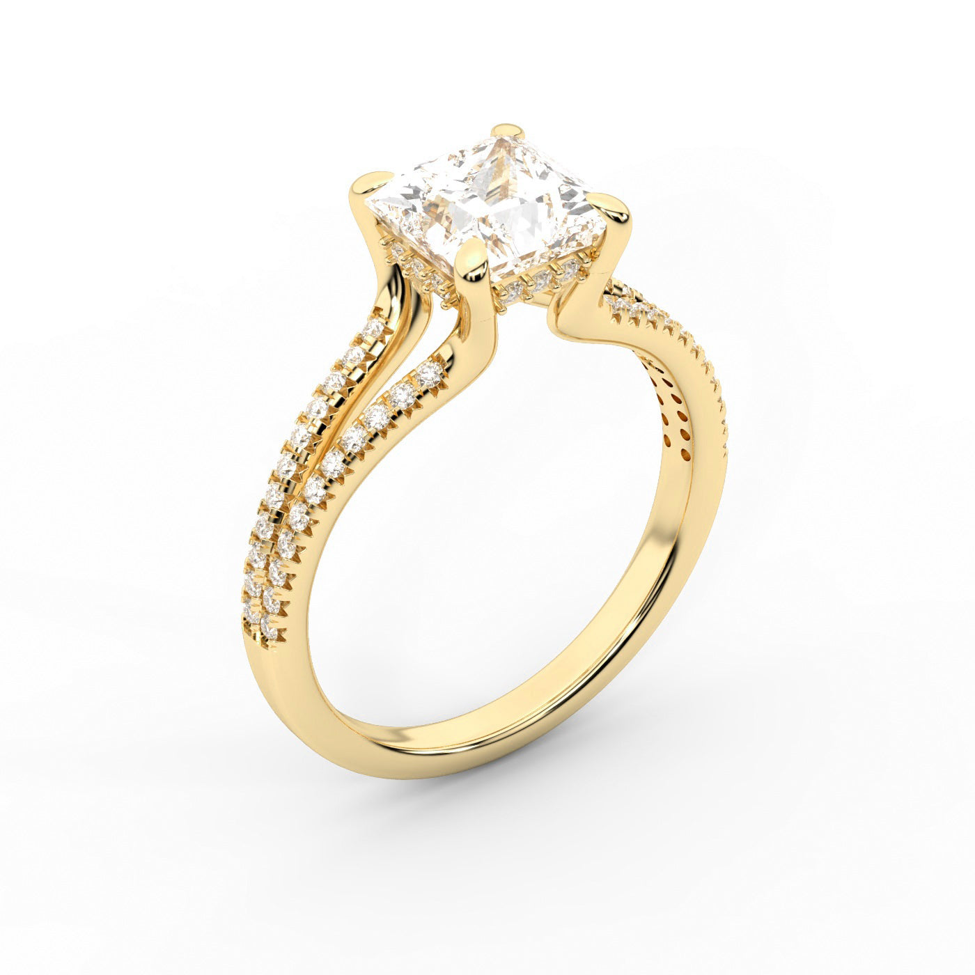 Princess Cut Lab Grown Diamond Split Shank Engagement Ring in Yellow Gold