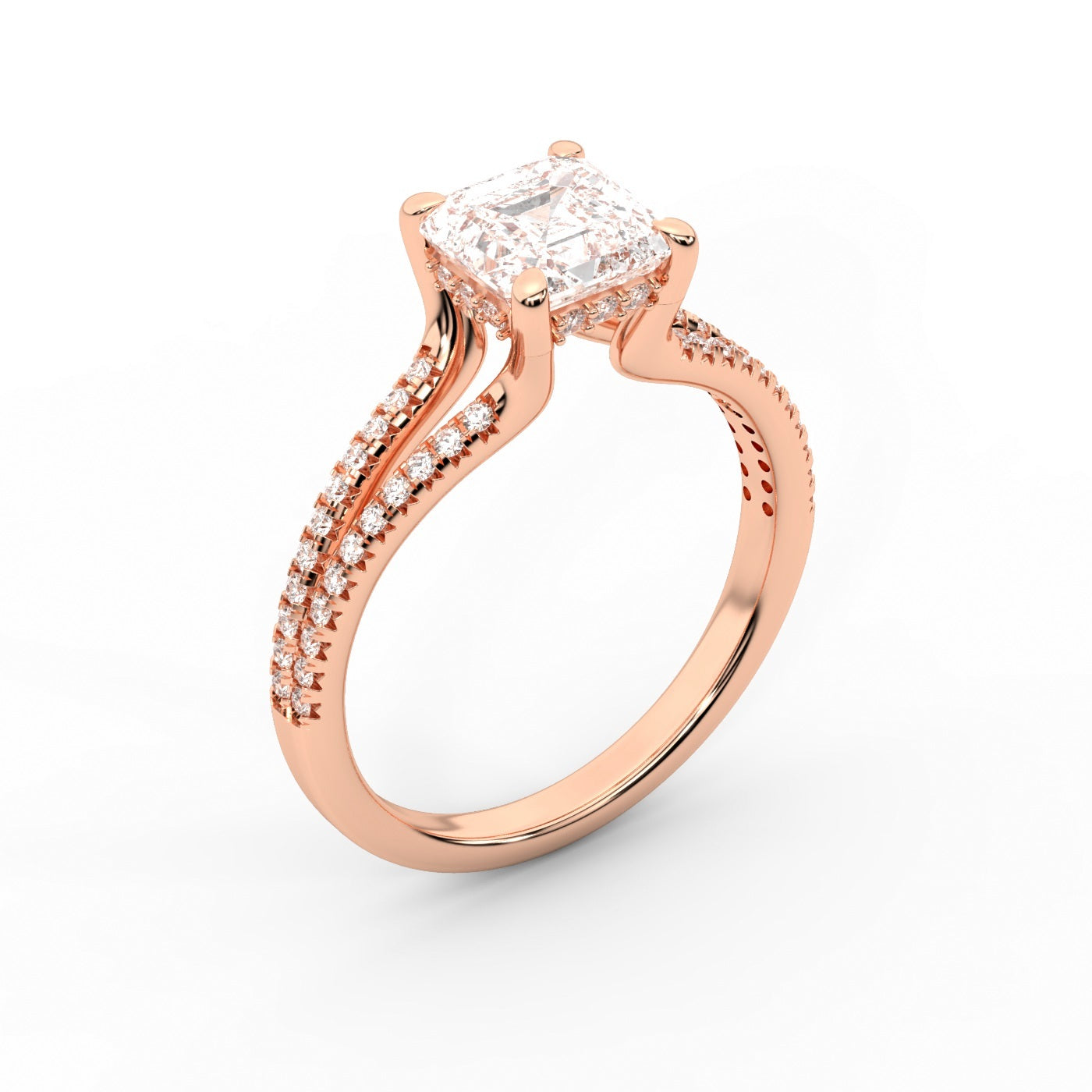Asscher Cut Lab Grown Diamond Solitaire Engagement Ring with Pavé Split Shank in Rose Gold