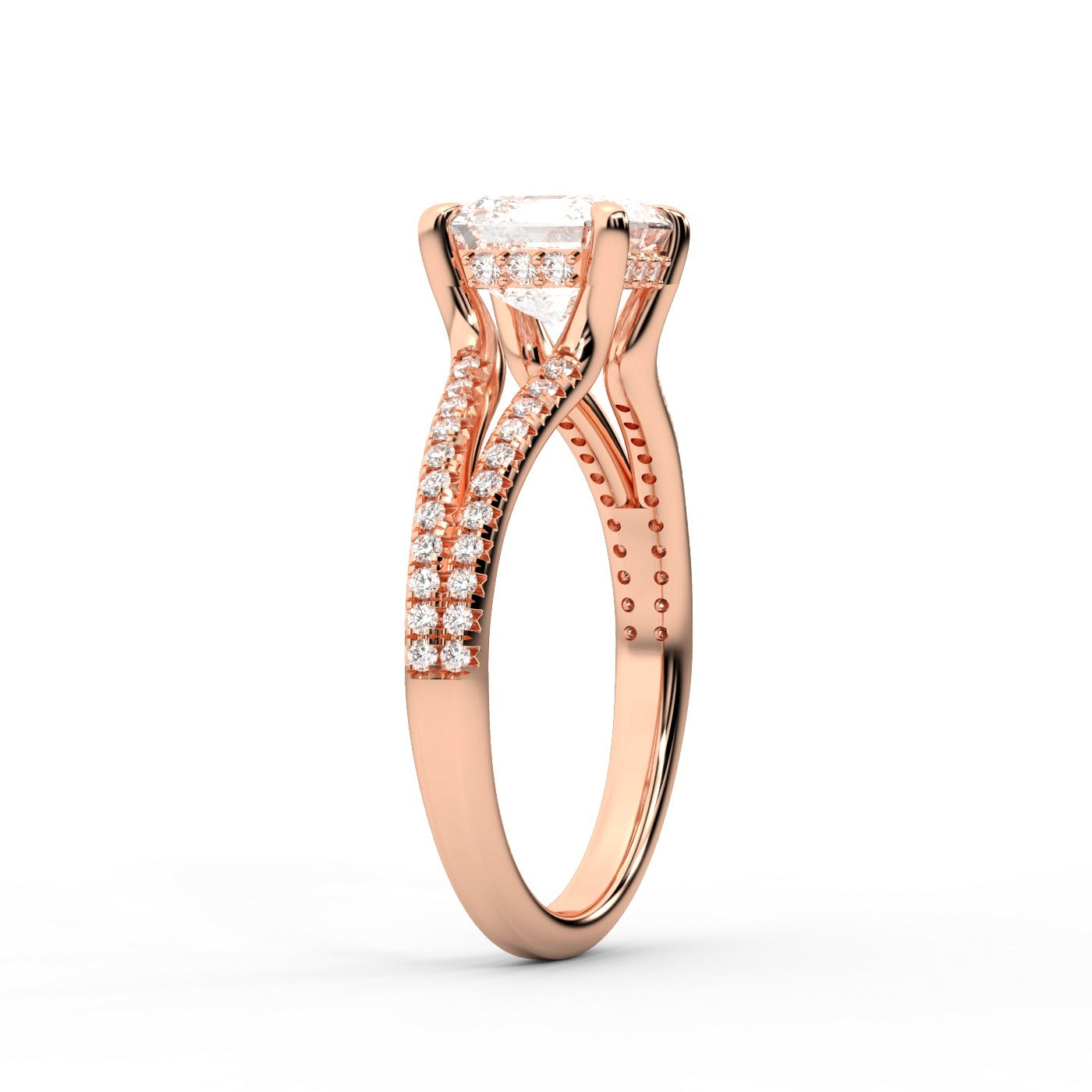Round Cut Lab Grown Diamond Solitaire Engagement Ring with Pavé Split Shank in Rose Gold