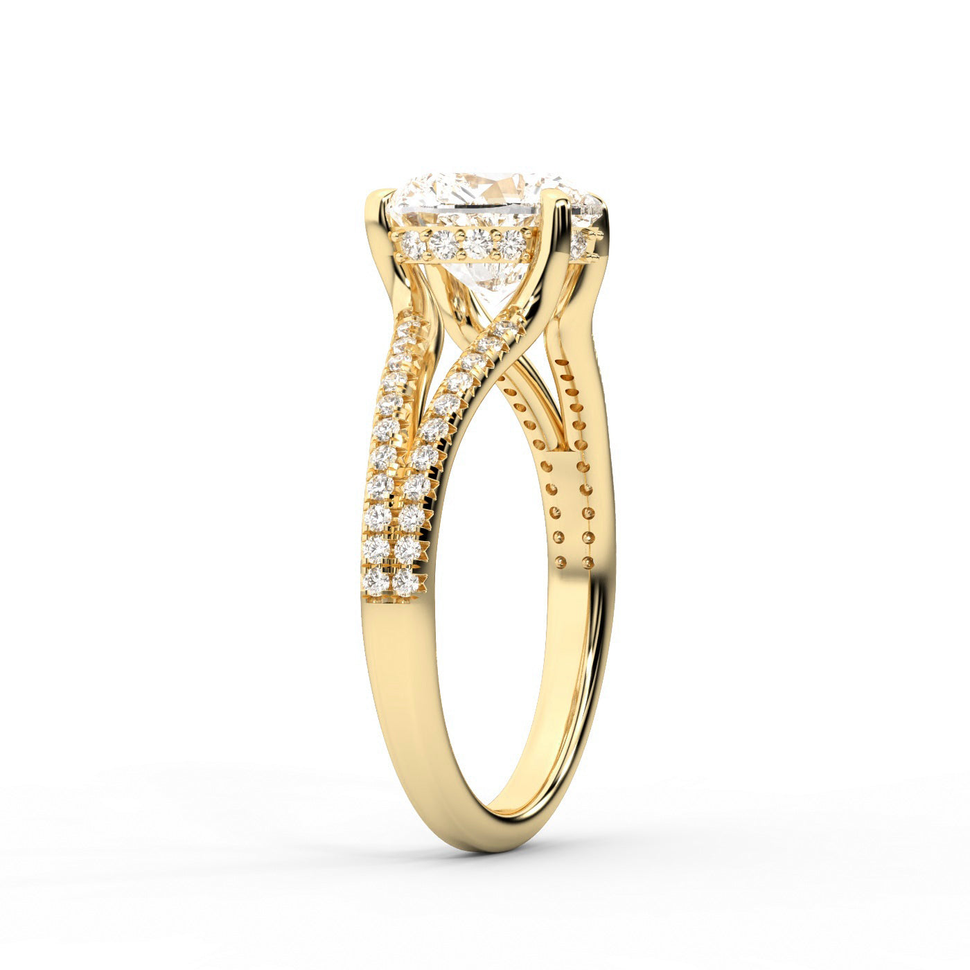 Heart Cut Lab Grown Diamond Solitaire Engagement Ring in rich Yellow Gold with pavé split shank.