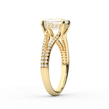 Emerald Cut Lab Grown Diamond Split Shank Engagement Ring in Yellow Gold