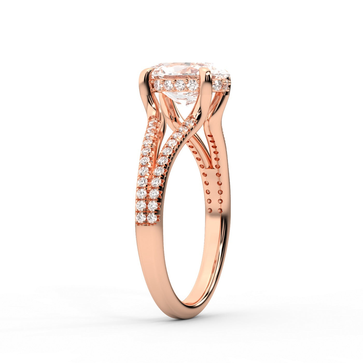 Oval Cut Lab Grown Diamond Solitaire Engagement Ring in Rose Gold with Pavé Split Shank
