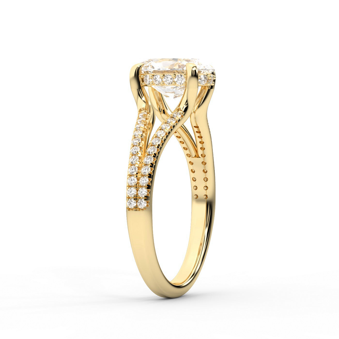 Oval Cut Lab Grown Diamond Solitaire Engagement Ring in Yellow Gold with Pavé Split Shank