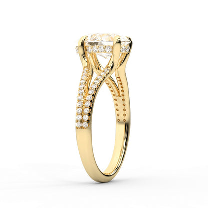 Pear Cut Lab Grown Diamond Split Shank Solitaire Engagement Ring in Yellow Gold