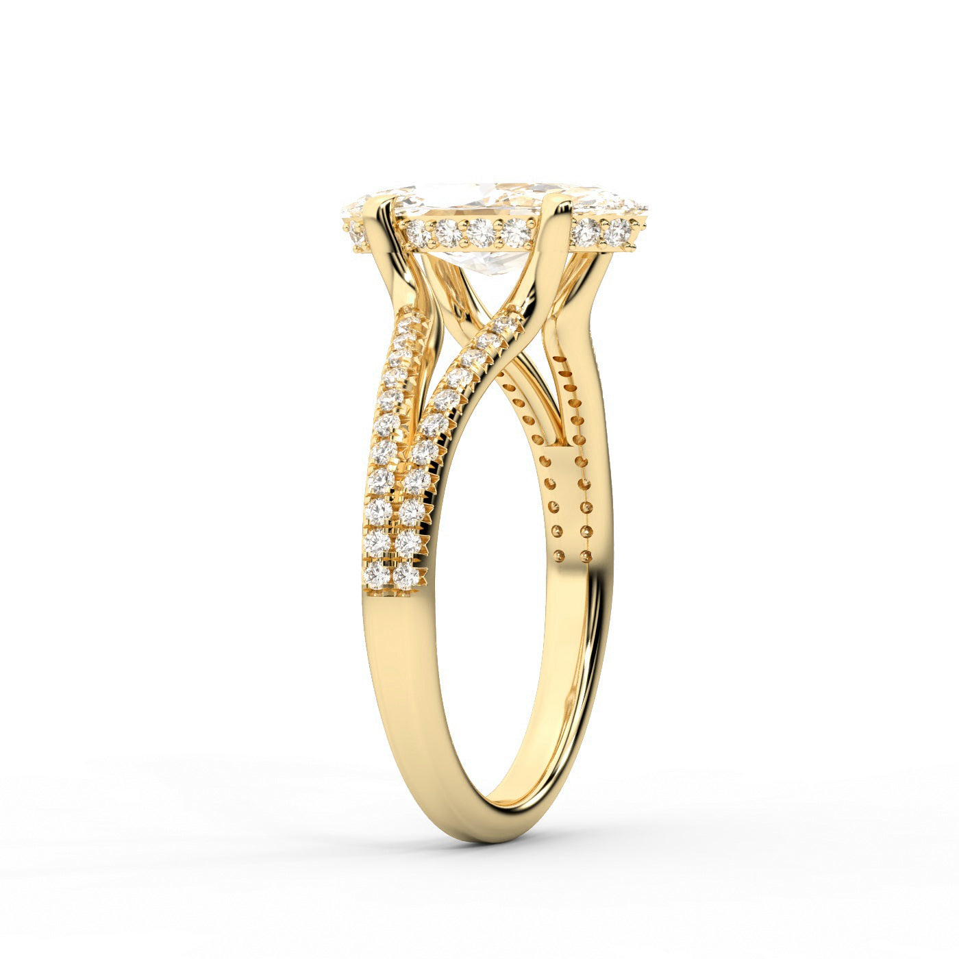 Marquise Cut Lab Grown Diamond Solitaire Engagement Ring with Pave Split Shank in Yellow Gold