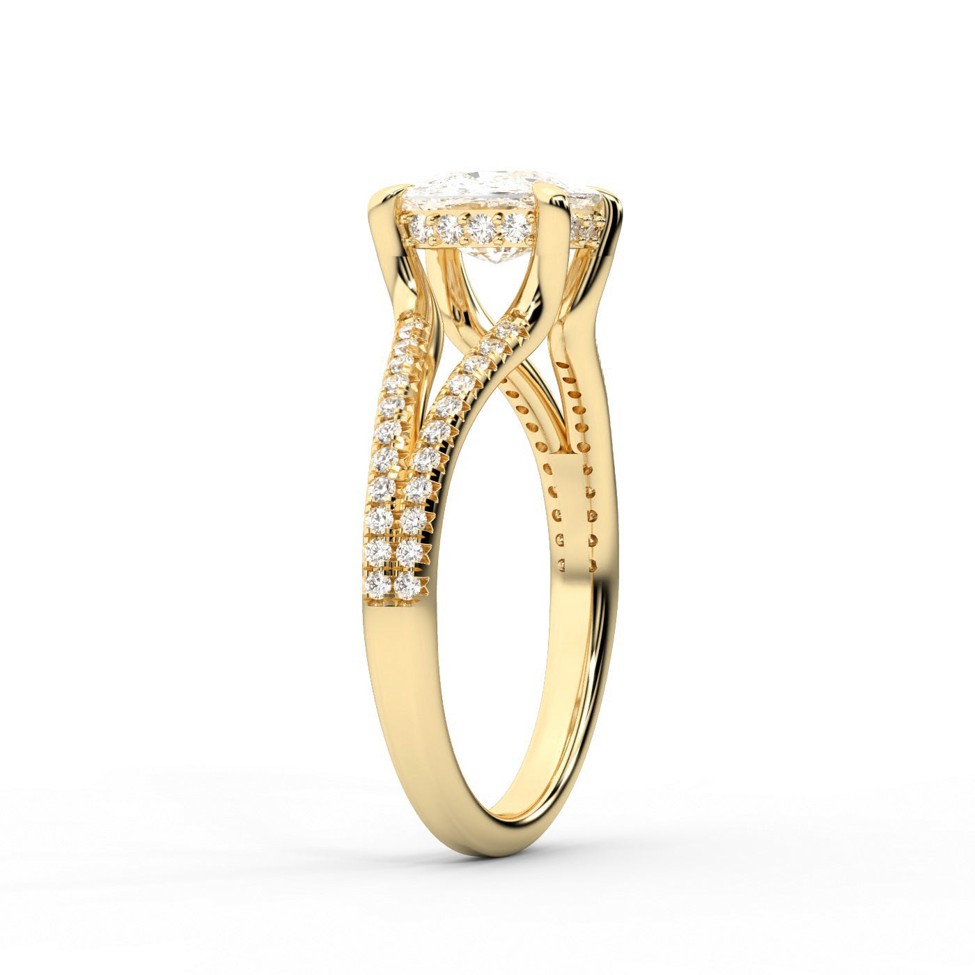 Cushion Cut Lab Grown Diamond Engagement Ring with Split Shank in Yellow Gold