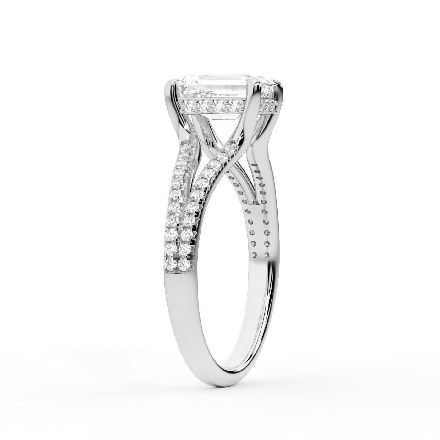 Emerald Cut Lab Grown Diamond Split Shank Engagement Ring in Silver