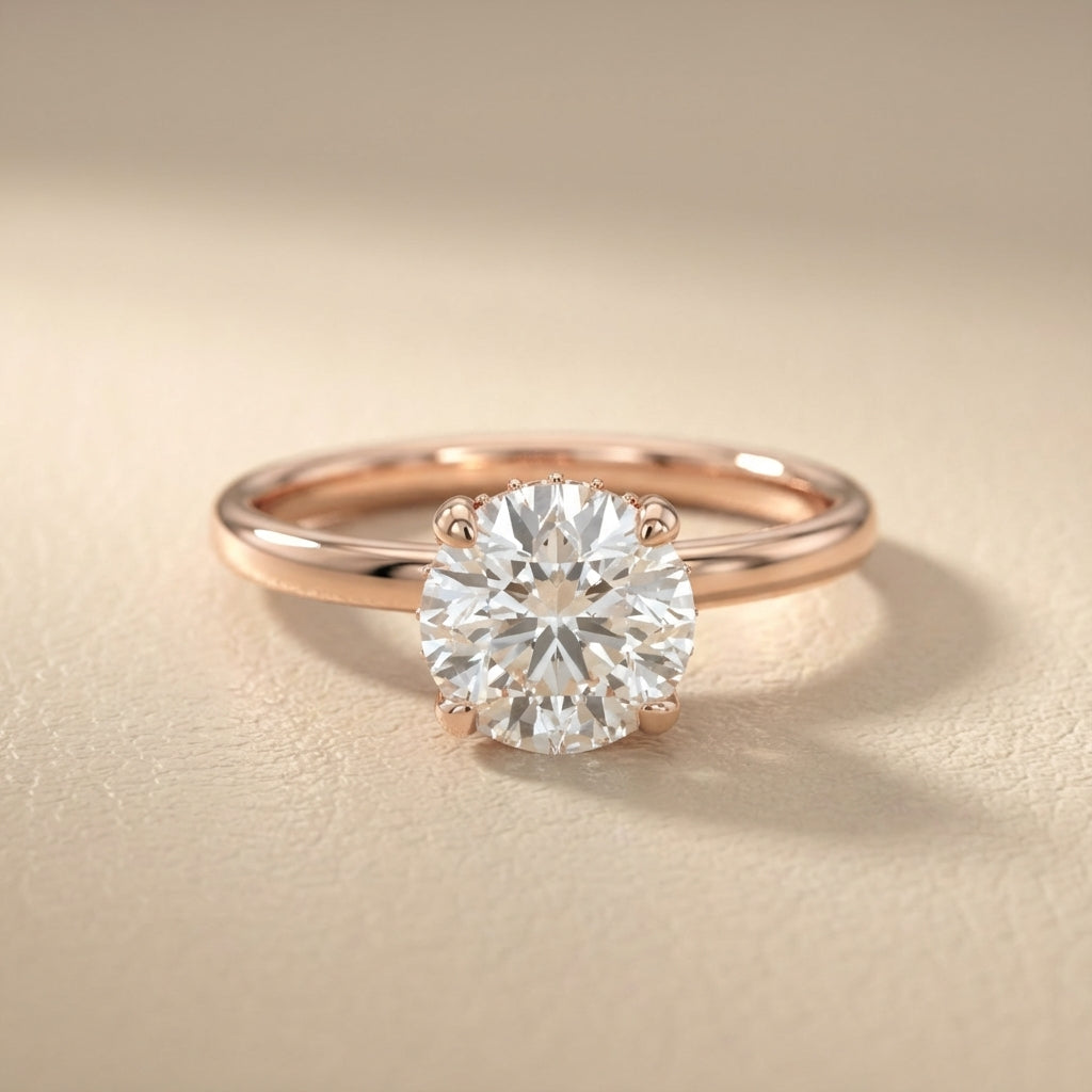 Round Cut Lab Grown Diamond Solitaire Engagement Ring with Hidden Halo in Rose Gold