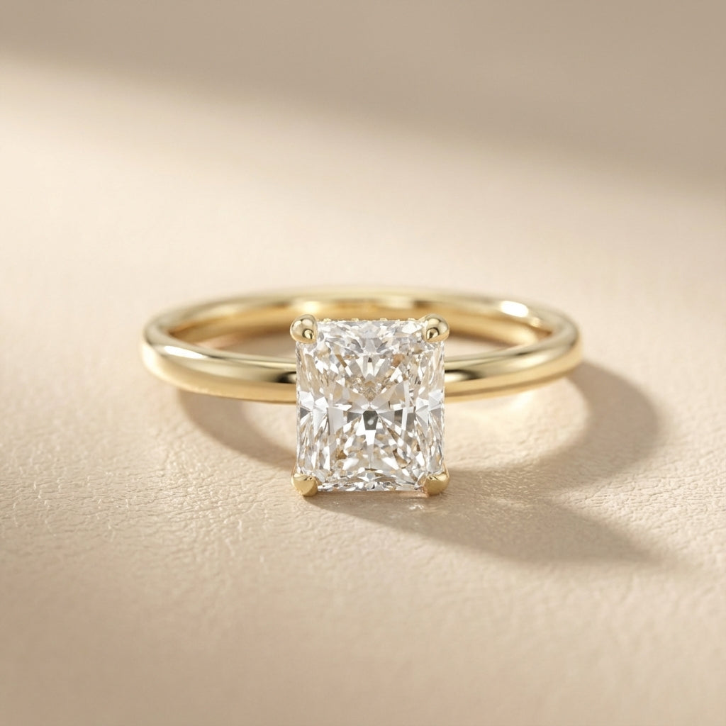 Charlotte Charm Radiant Cut Lab Grown Diamond Solitaire Engagement Ring in Yellow Gold showing dome shank.