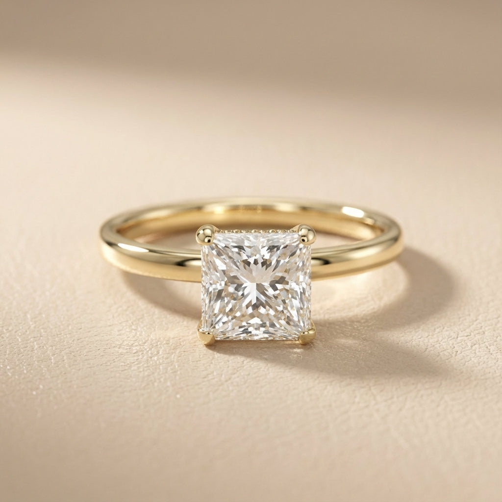 Princess Cut Lab Grown Diamond Engagement Ring in Yellow Gold with four prong setting