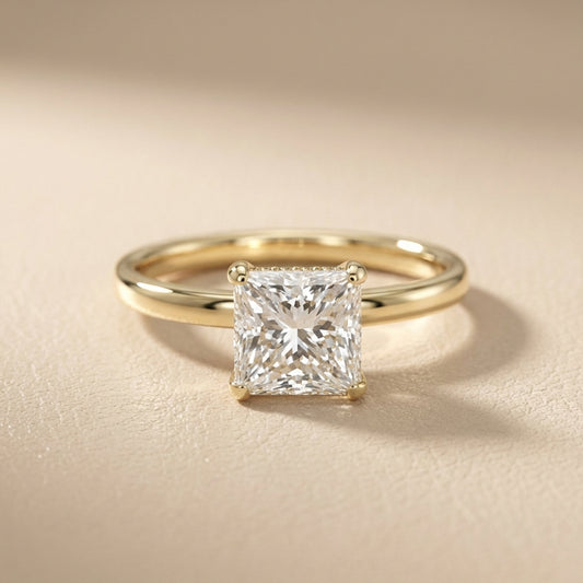 Princess Cut Lab Grown Diamond Engagement Ring in Yellow Gold with four prong setting