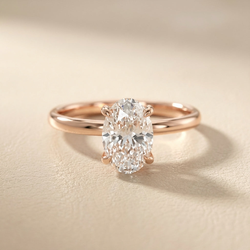 Oval Cut Lab Grown Diamond Solitaire Engagement Ring in Rose Gold showing hidden halo detail