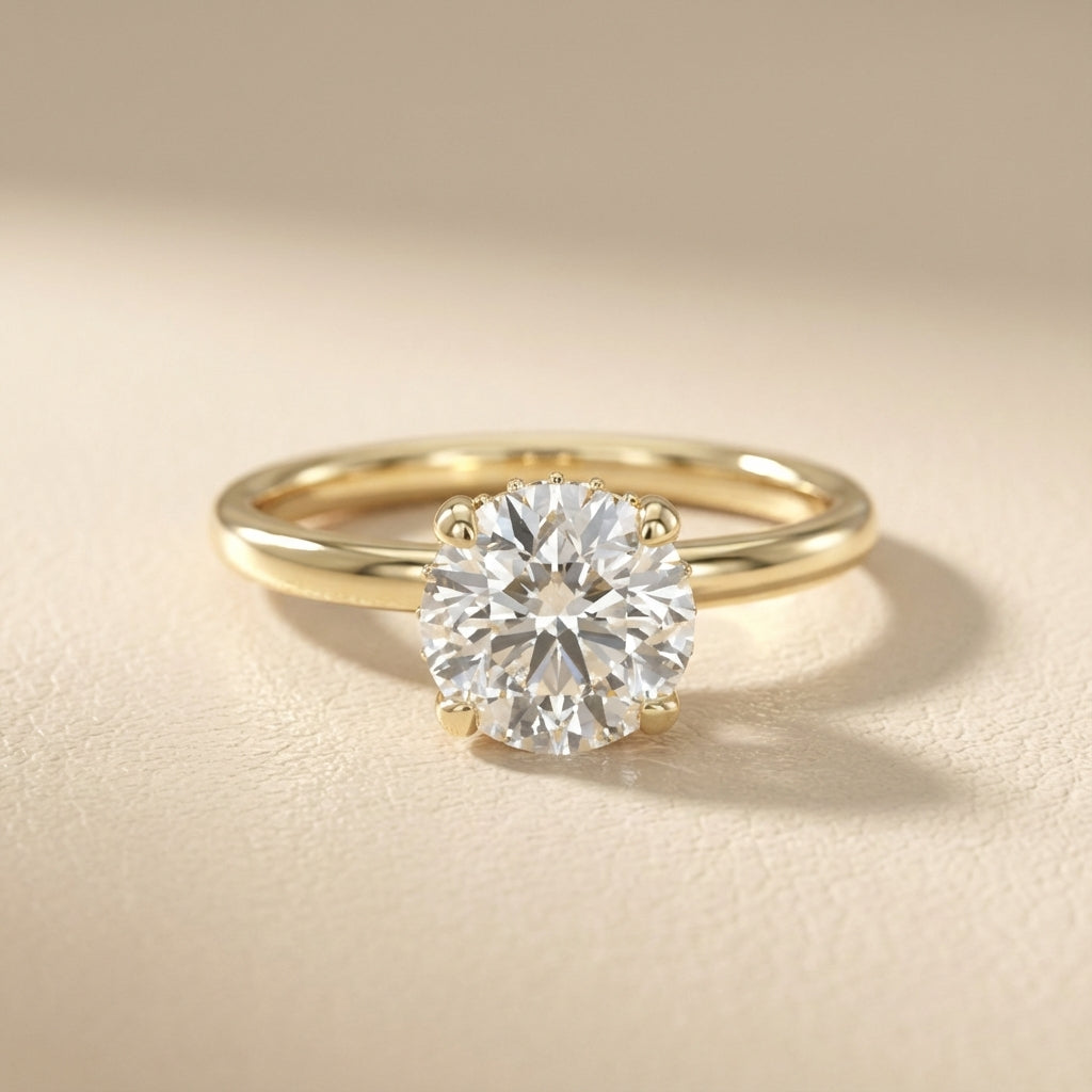 Round Cut Lab Grown Diamond Solitaire Engagement Ring with Hidden Halo in Yellow Gold