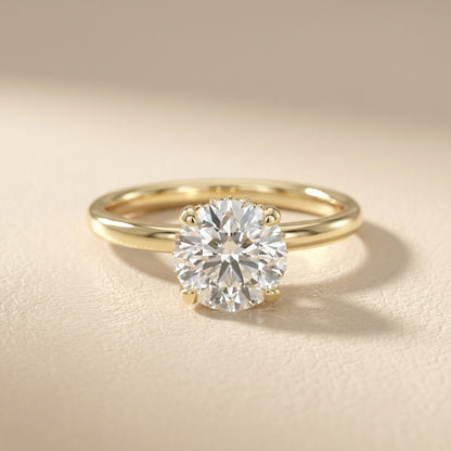 Round Cut Lab Grown Diamond Solitaire Engagement Ring with Hidden Halo in Yellow Gold