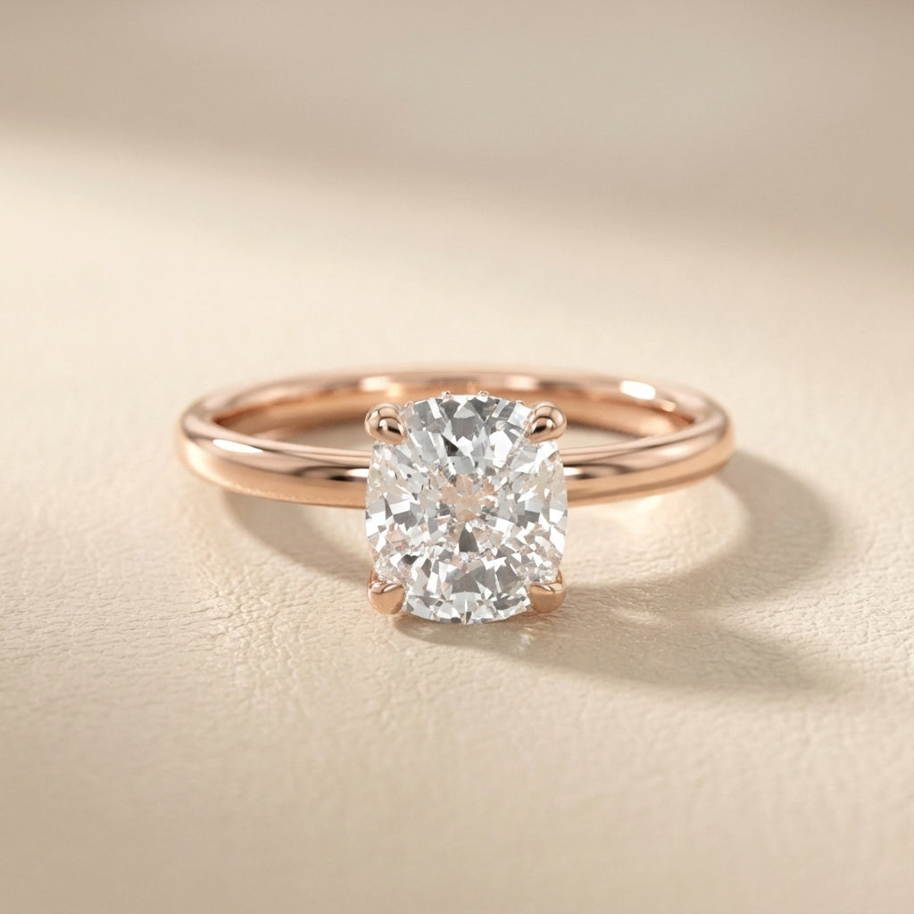Cushion Cut Lab Grown Diamond Engagement Ring in Rose Gold showing side profile