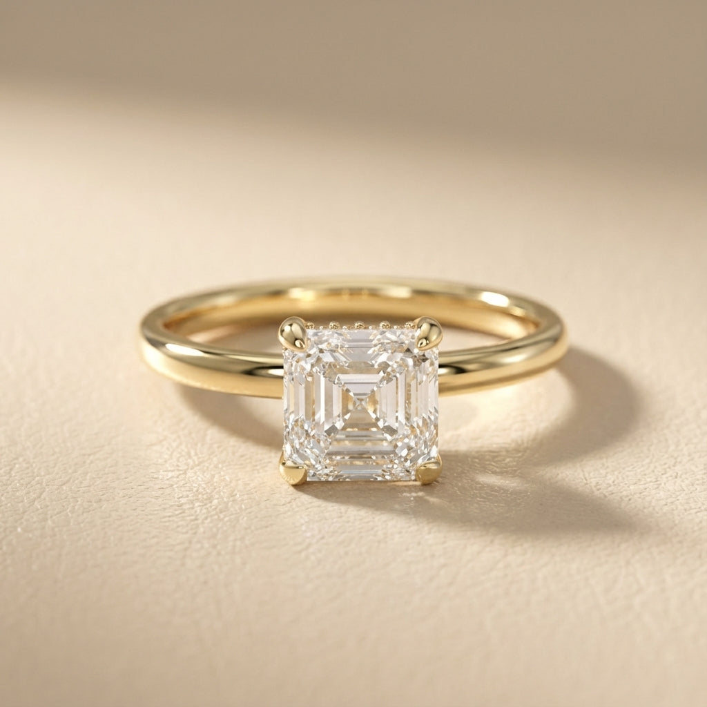 Asscher Cut Lab Grown Diamond Engagement Ring in Yellow Gold with polished shank