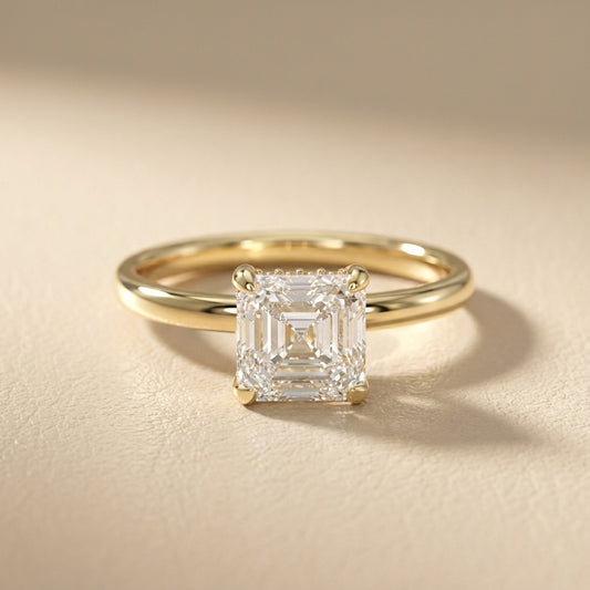 Asscher Cut Lab Grown Diamond Engagement Ring in Yellow Gold with polished shank