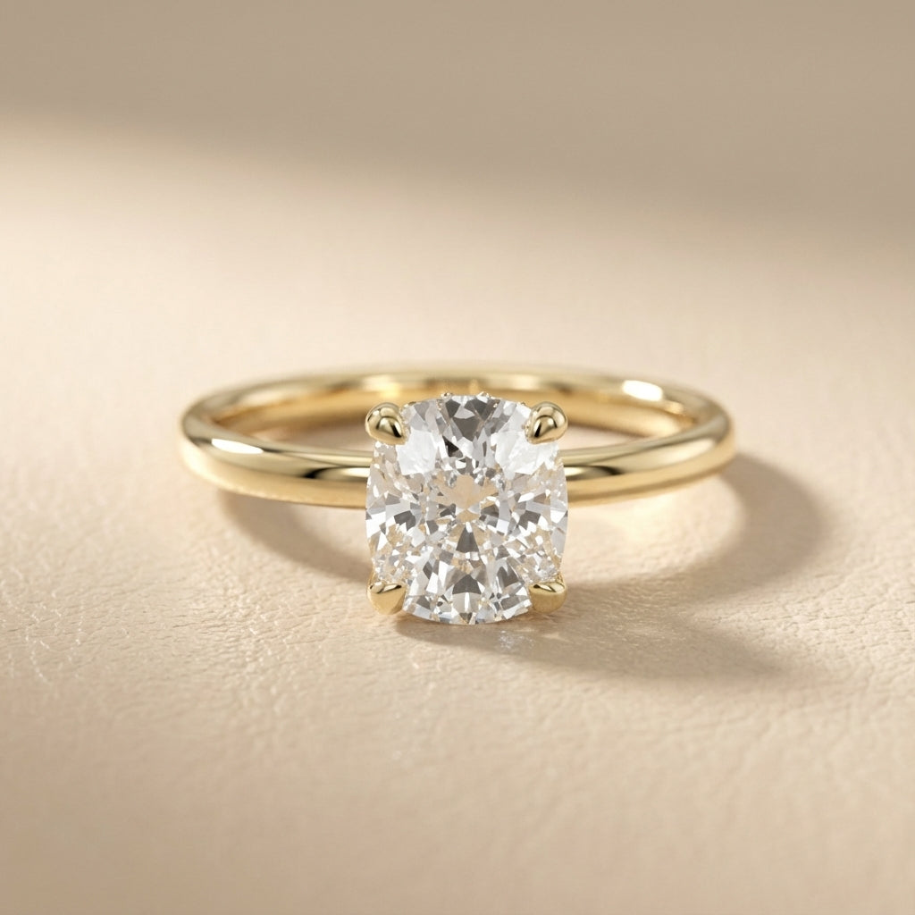 Cushion Cut Lab Grown Diamond Engagement Ring in Yellow Gold with hidden details