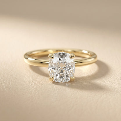 Cushion Cut Lab Grown Diamond Engagement Ring in Yellow Gold with hidden details