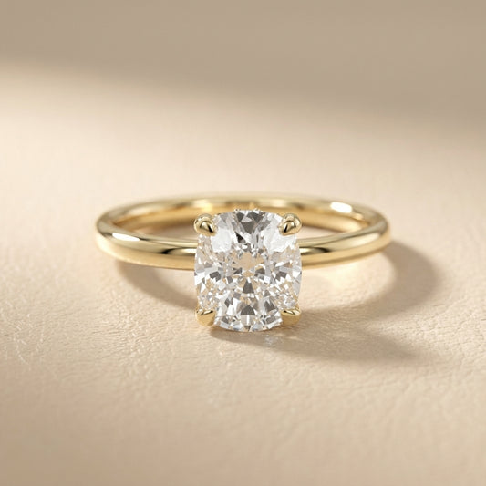 Cushion Cut Lab Grown Diamond Engagement Ring in Yellow Gold with hidden details