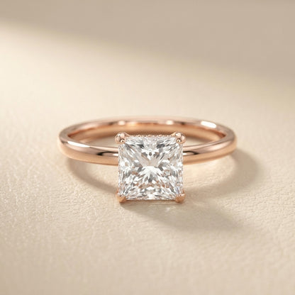 Princess Cut Lab Grown Diamond Engagement Ring in Rose Gold showing hidden halo