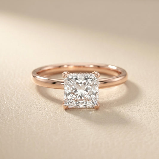 Princess Cut Lab Grown Diamond Engagement Ring in Rose Gold showing hidden halo